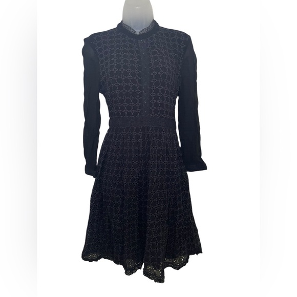 AllSaints Lilith Eyelet Fit & Flare Black Semi Sheer Dress Size 4 - Picture 3 of 10